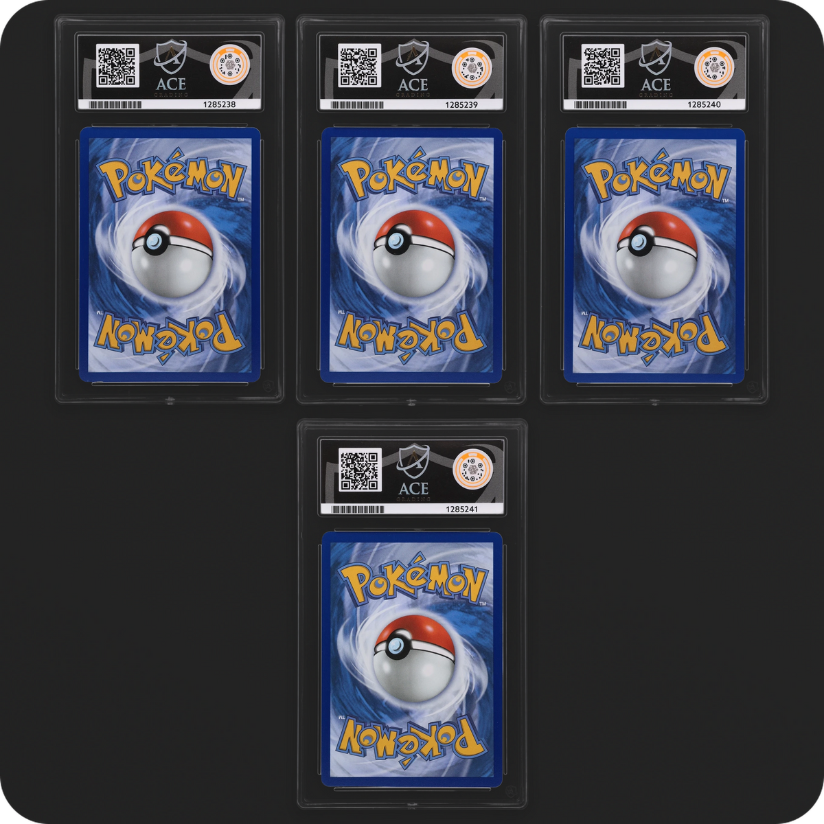 Froakie, Frogadier & Mega Greninja ex Chaos Rising Ace Grading 10 — all 4 graded slabs, back view