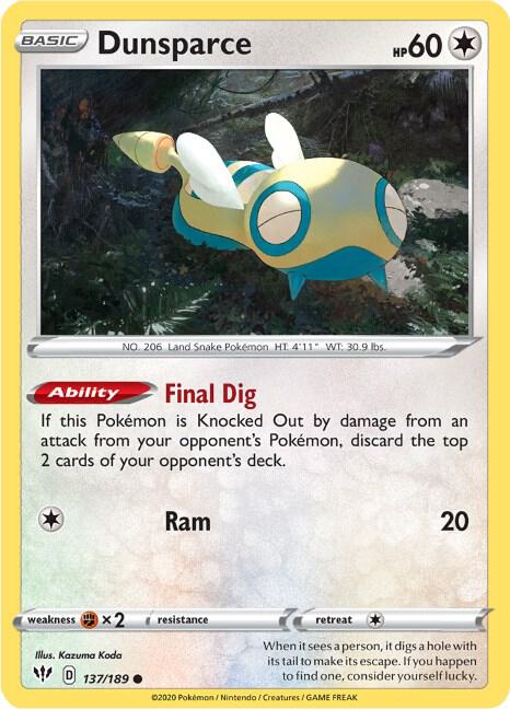 Dunsparce 137/189 Reverse Holofoil — Darkness Ablaze Pokémon card