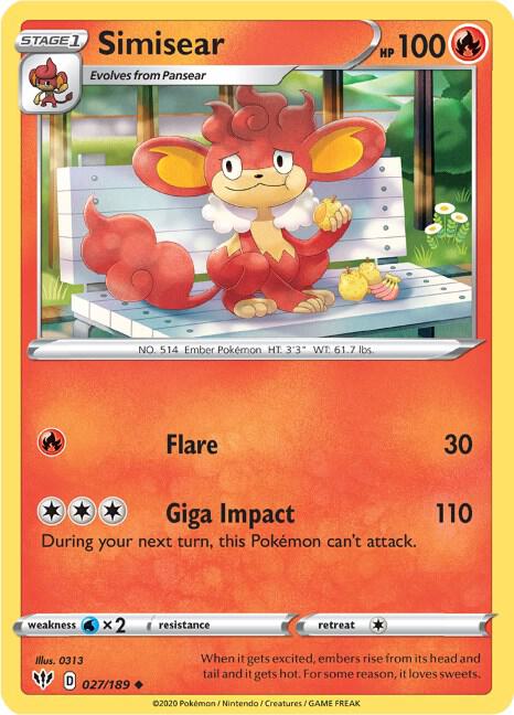 Simisear 027/189 Reverse Holofoil — Darkness Ablaze Pokémon card