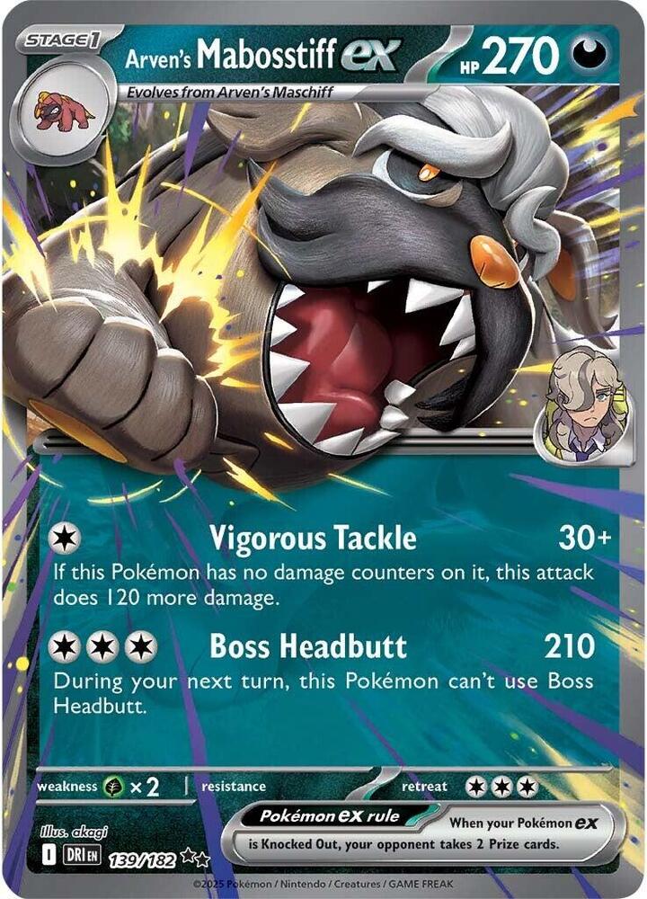Arven's Mabosstiff ex 139/182 Holofoil, Destined Rivals Pokémon card