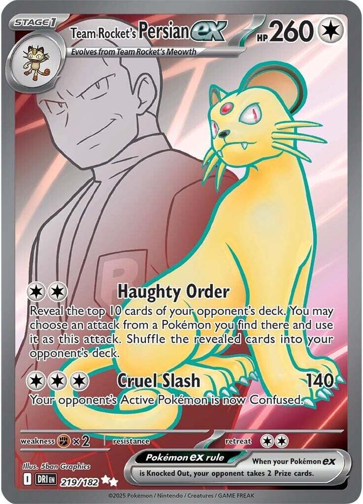 Team Rocket's Persian ex 219/182 Holofoil, Destined Rivals Pokémon card