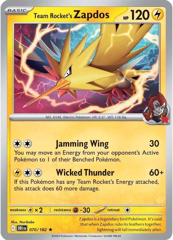 Team Rocket's Zapdos 070/182 Holofoil, Destined Rivals Pokémon card