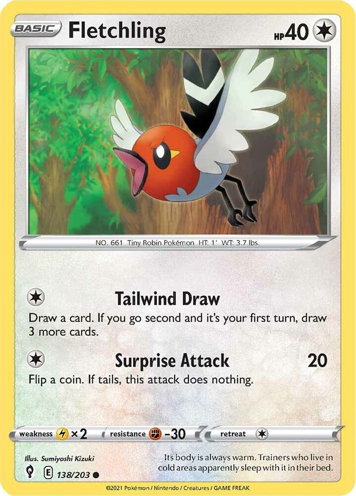 Fletchling 138/203 — Evolving Skies Pokémon card