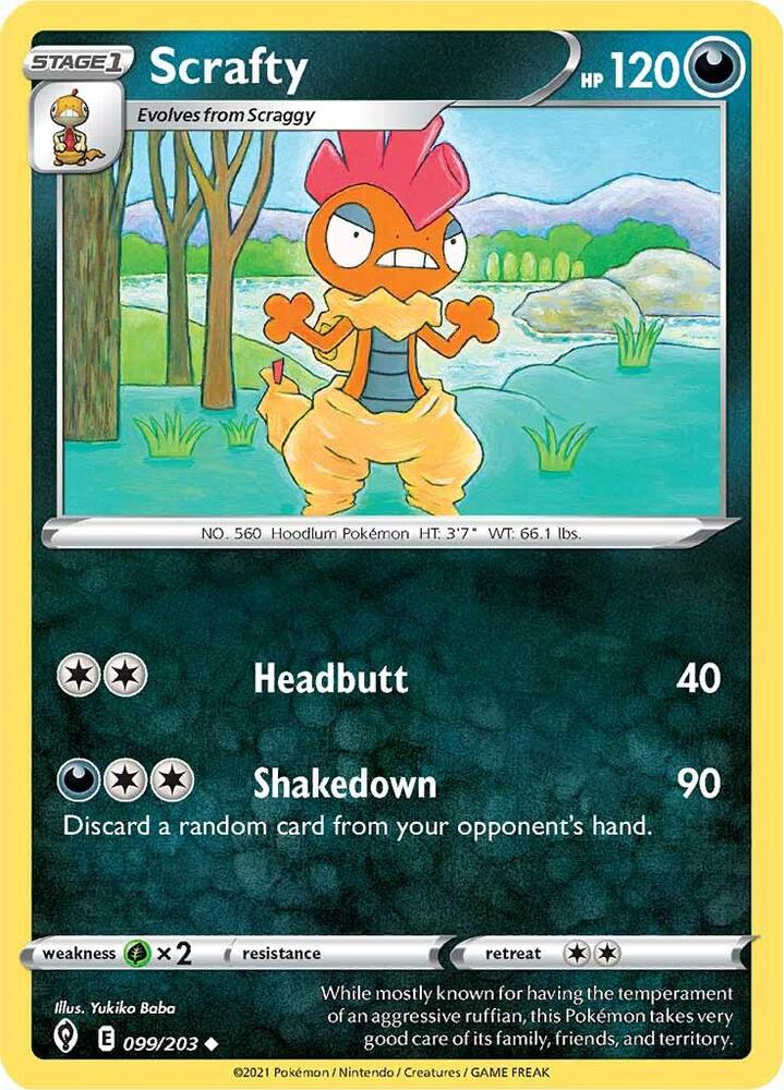 Scrafty 099/203 Reverse Holofoil, Evolving Skies Pokémon card