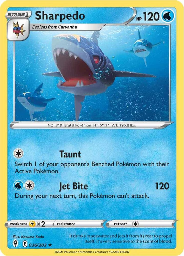 Sharpedo 036/203 Reverse Holofoil, Evolving Skies Pokémon card