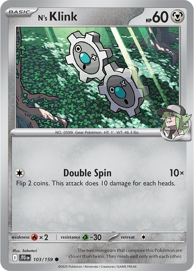N's Klink 103/159 Reverse Holofoil — Journey Together Pokémon card