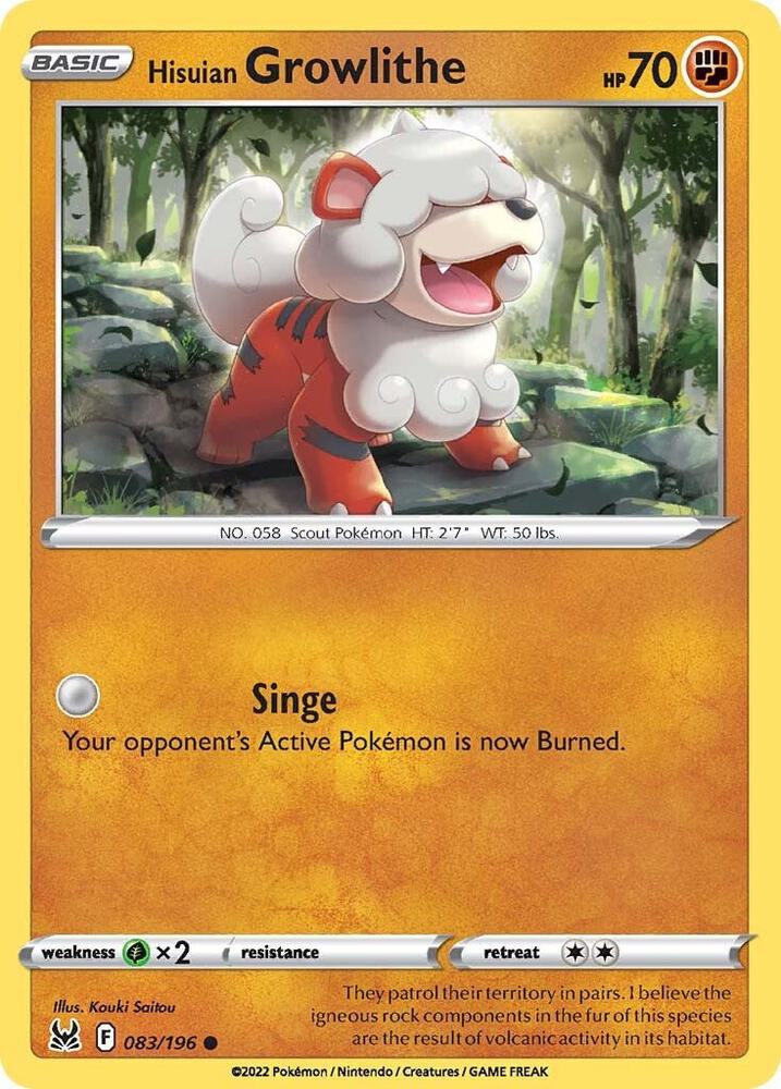 Hisuian Growlithe 083/196 Reverse Holofoil — Lost Origin Pokémon card