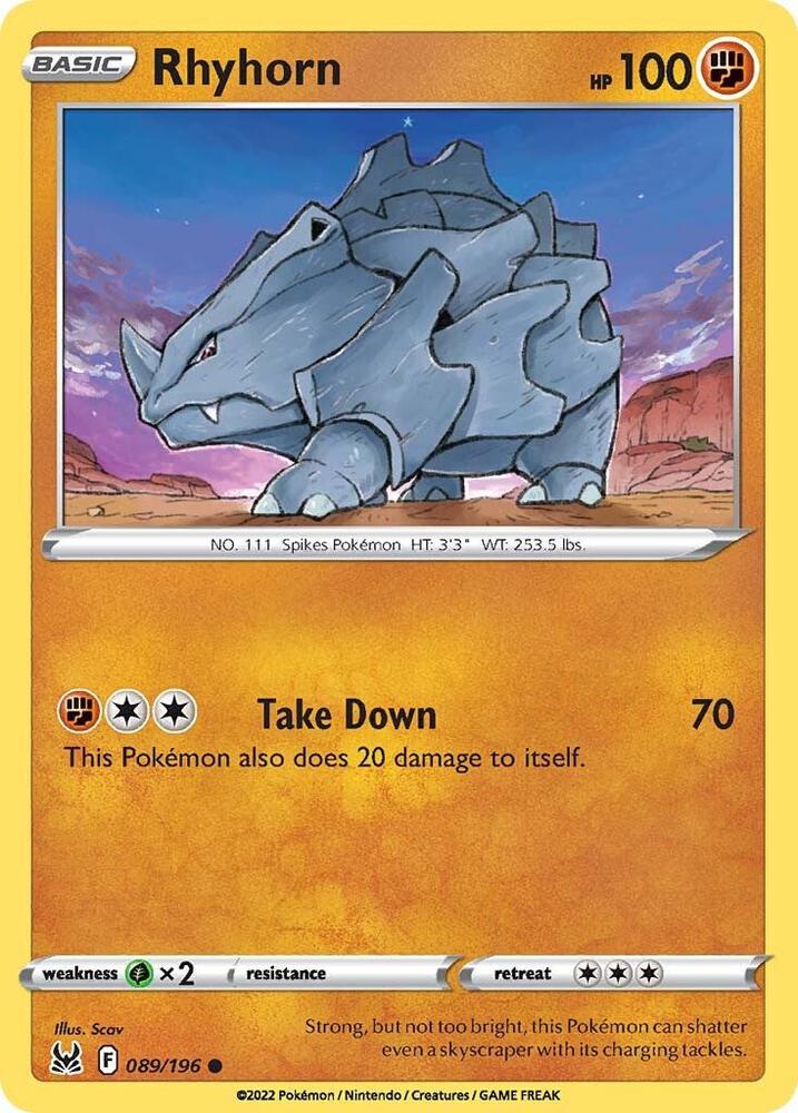 Rhyhorn 089/196 Reverse Holofoil — Lost Origin Pokémon card