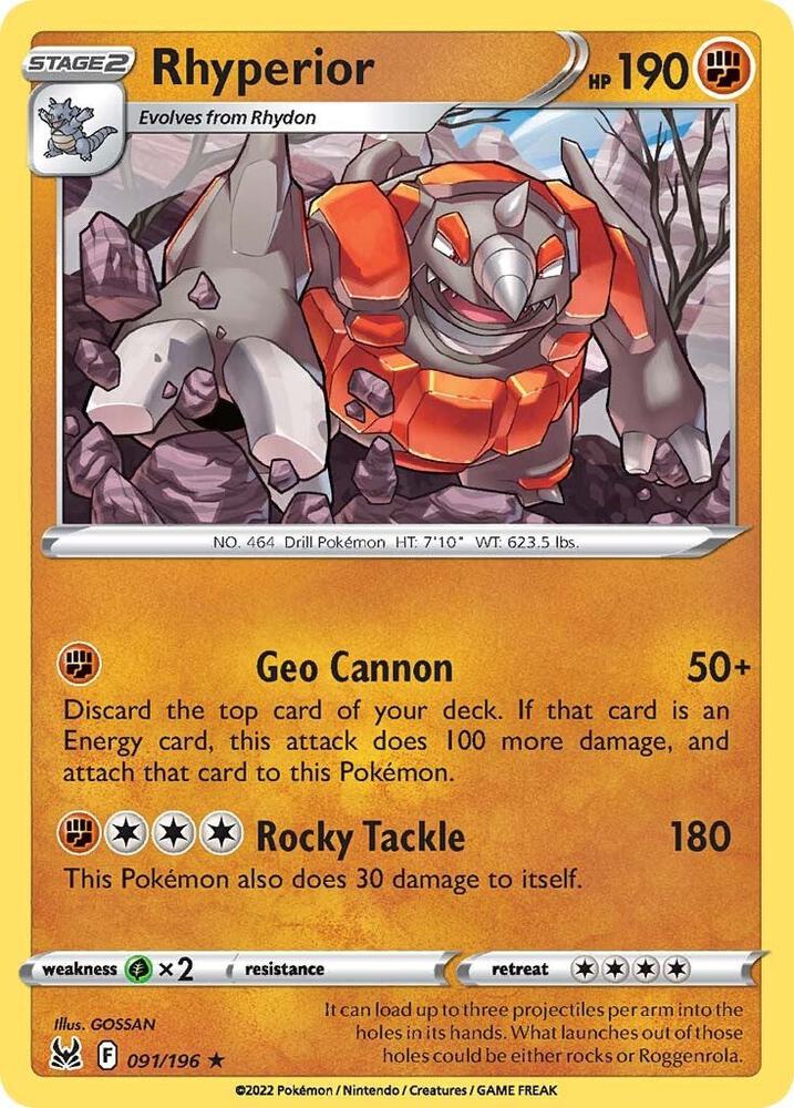 Rhyperior 091/196 Reverse Holofoil — Lost Origin Pokémon card