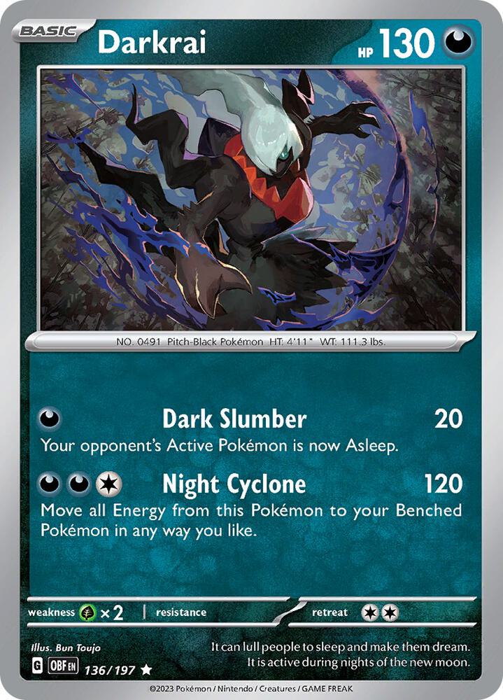 Darkrai 136/197 Holofoil, Obsidian Flames Pokémon card