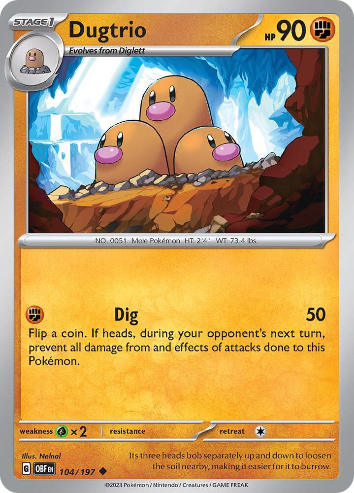 Dugtrio 104/197 Reverse Holofoil, Obsidian Flames Pokémon card
