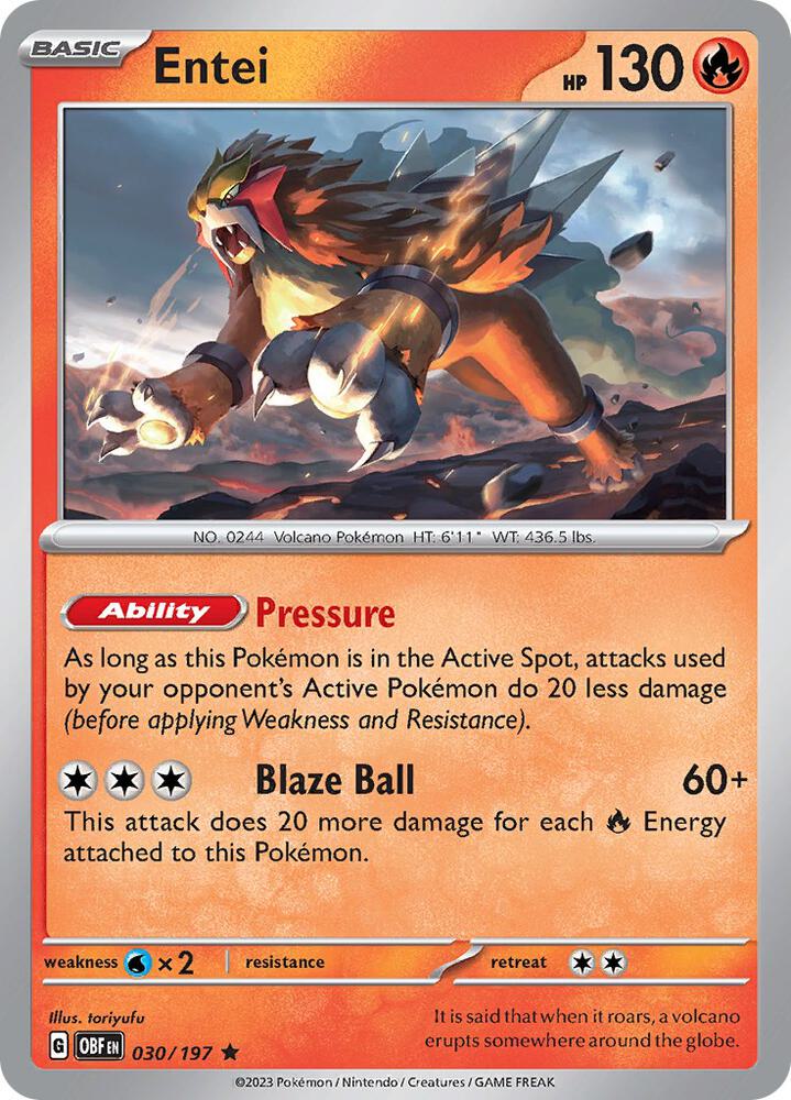 Entei 030/197 Reverse Holofoil, Obsidian Flames Pokémon card