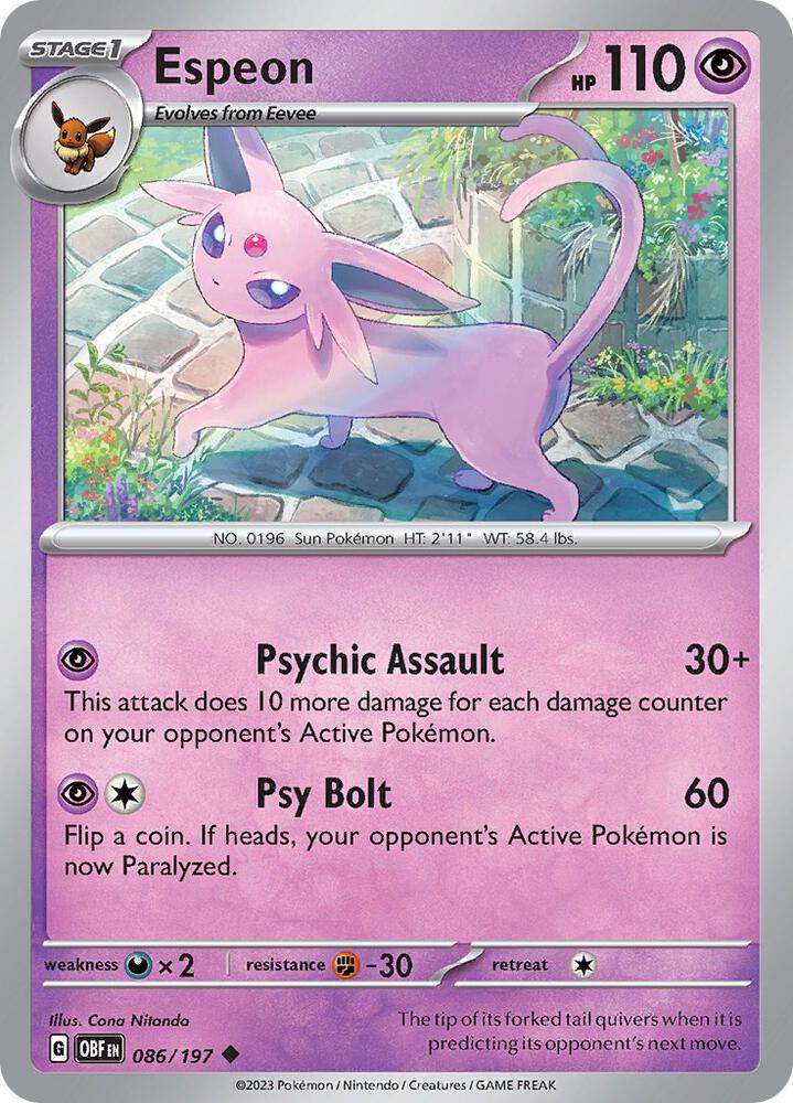 Espeon 086/197 Reverse Holofoil, Obsidian Flames Pokémon card