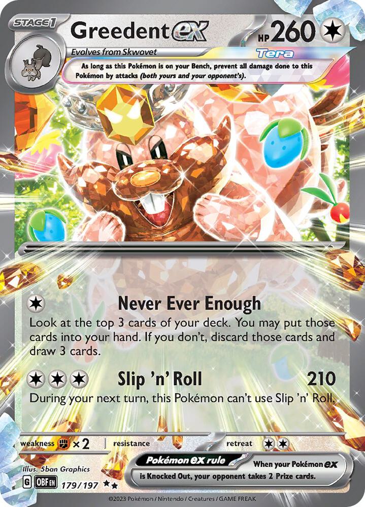 Greedent ex 179/197 Holofoil, Obsidian Flames Pokémon card