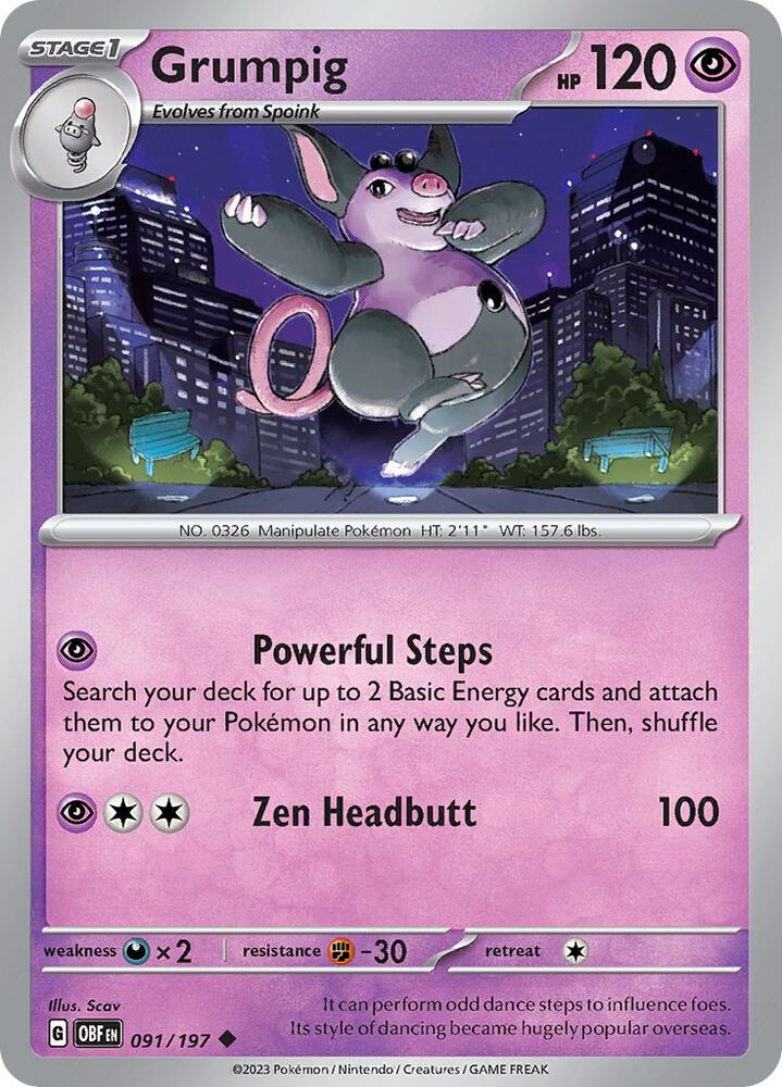Grumpig 091/197 Reverse Holofoil, Obsidian Flames Pokémon card
