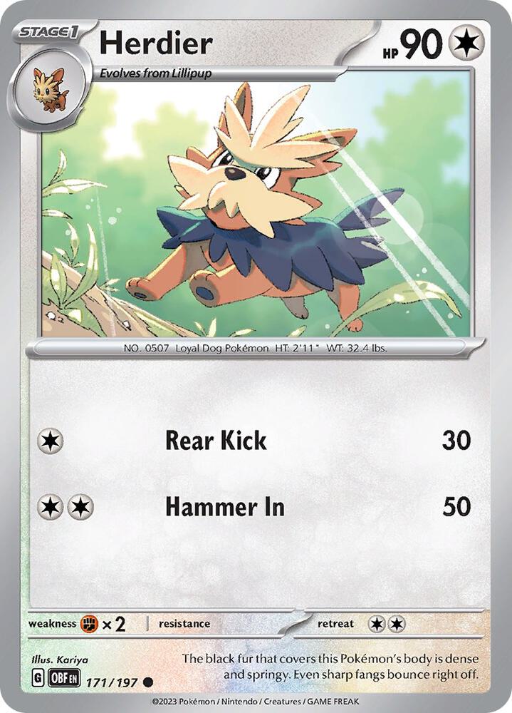 Herdier 171/197 Reverse Holofoil, Obsidian Flames Pokémon card