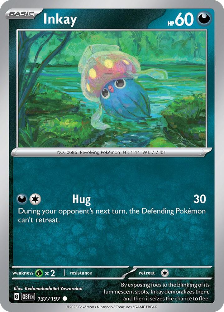 Inkay 137/197 Reverse Holofoil, Obsidian Flames Pokémon card