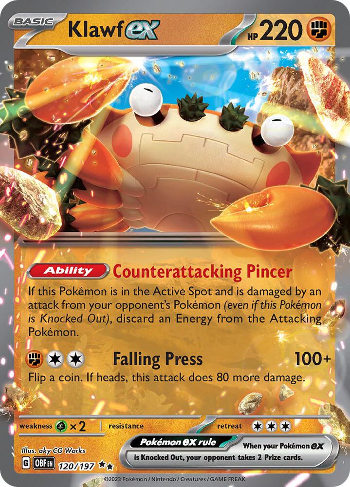 Klawf ex 120/197 Holofoil, Obsidian Flames Pokémon card
