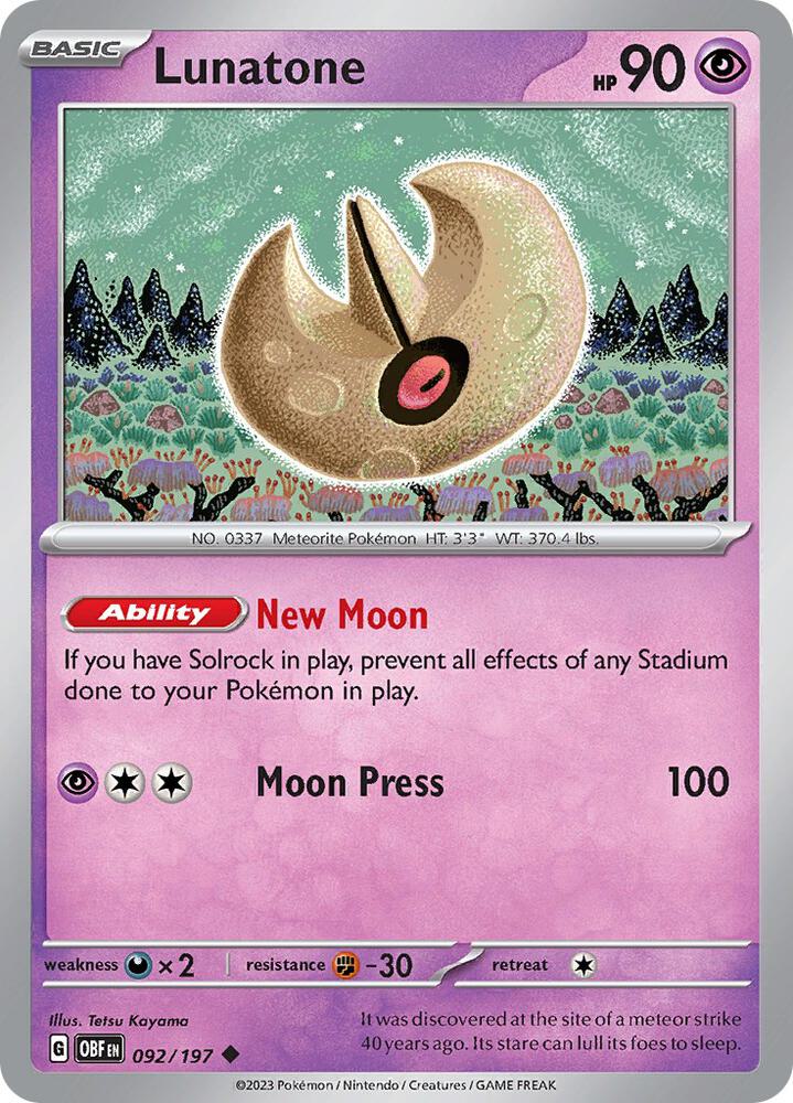 Lunatone 092/197, Obsidian Flames Pokémon card