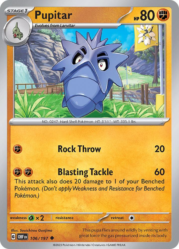Pupitar 106/197 Reverse Holofoil, Obsidian Flames Pokémon card