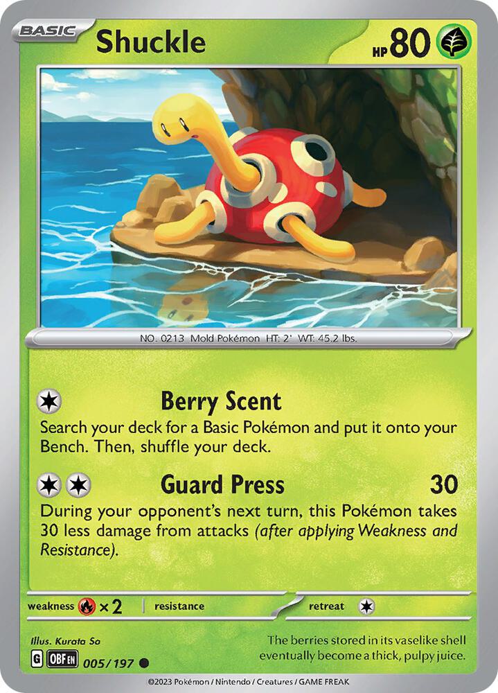 Shuckle 005/197 Reverse Holofoil, Obsidian Flames Pokémon card