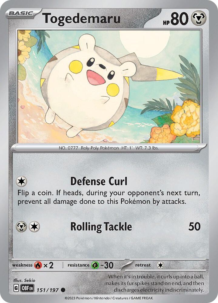 Togedemaru 151/197 Reverse Holofoil, Obsidian Flames Pokémon card