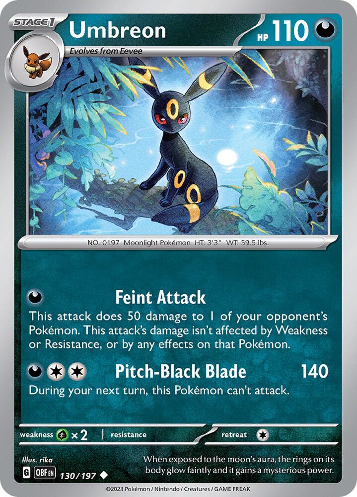 Umbreon 130/197 Reverse Holofoil, Obsidian Flames Pokémon card