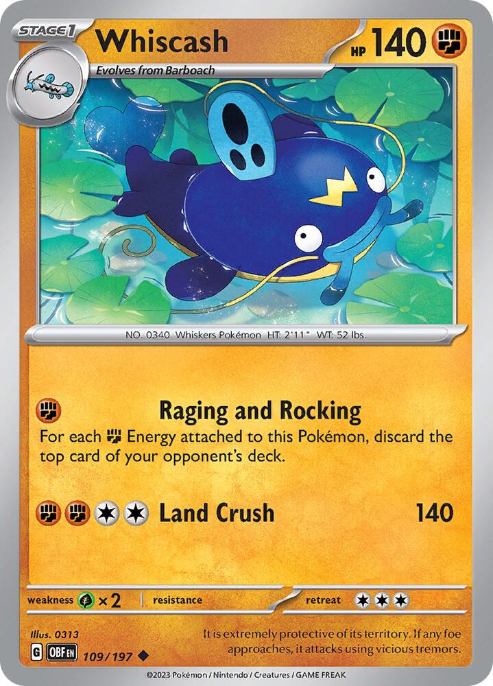 Whiscash 109/197 Reverse Holofoil, Obsidian Flames Pokémon card