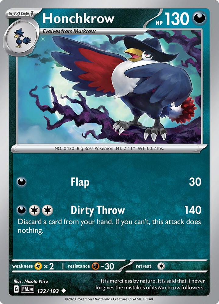 Honchkrow 132/193 Reverse Holofoil, Paldea Evolved Pokémon card