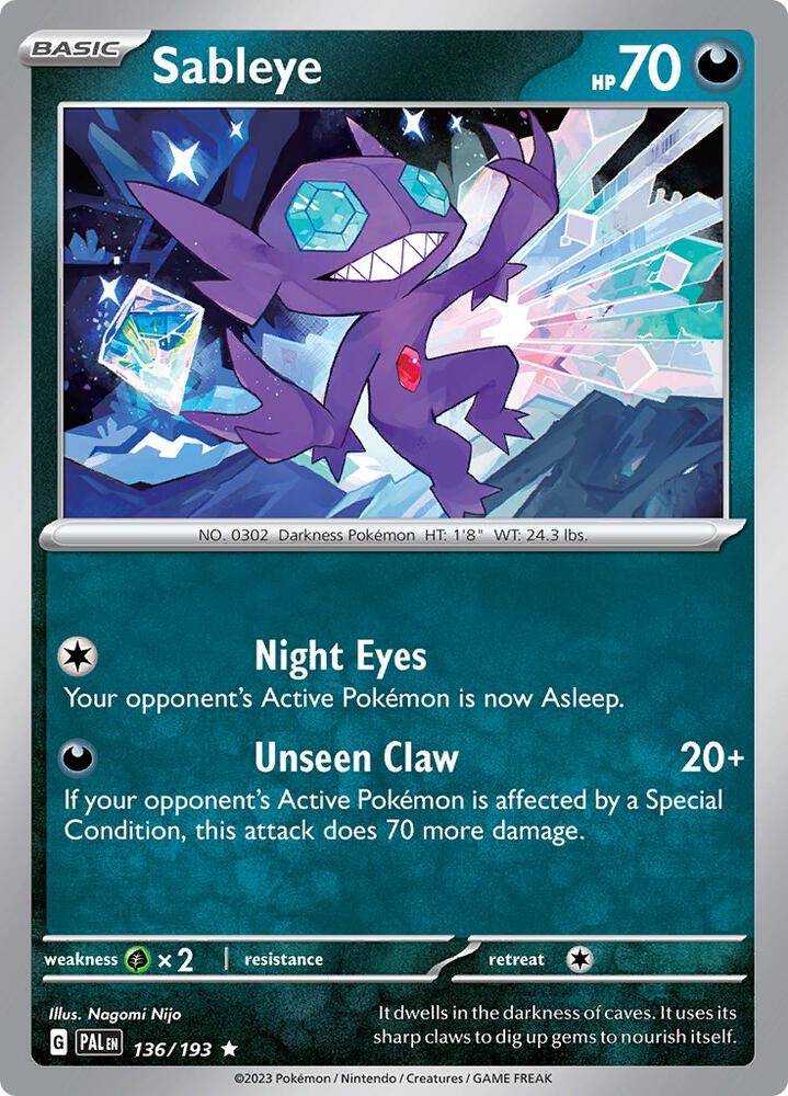 Sableye 136/193 Holofoil, Paldea Evolved Pokémon card