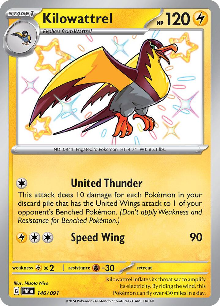 Kilowattrel 146/091 Holofoil, Paldean Fates Pokémon card