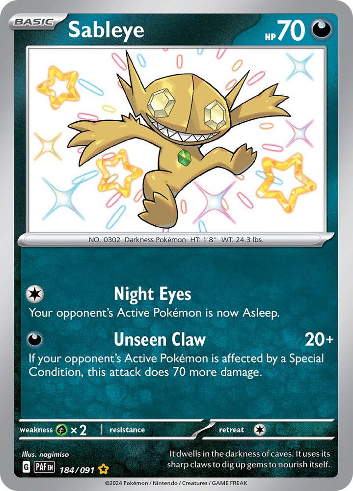 Sableye 184/091 Holofoil, Paldean Fates Pokémon card
