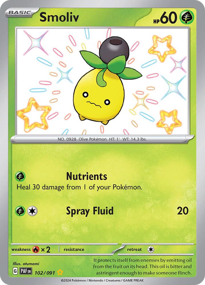 Smoliv 102/091 Holofoil — Paldean Fates Pokémon card