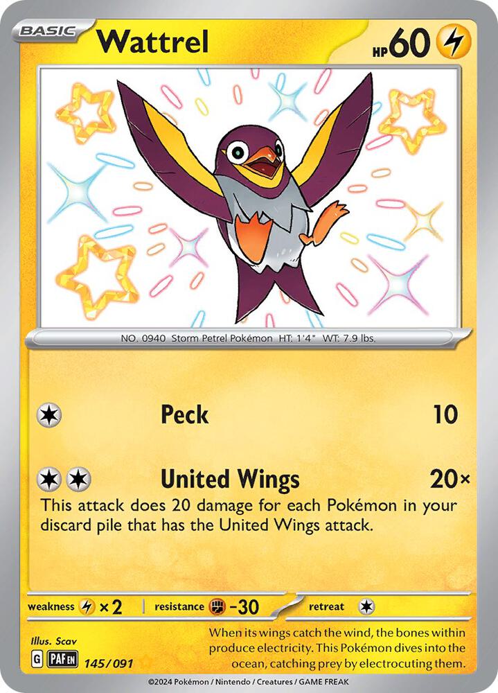 Wattrel 145/091 Holofoil, Paldean Fates Pokémon card