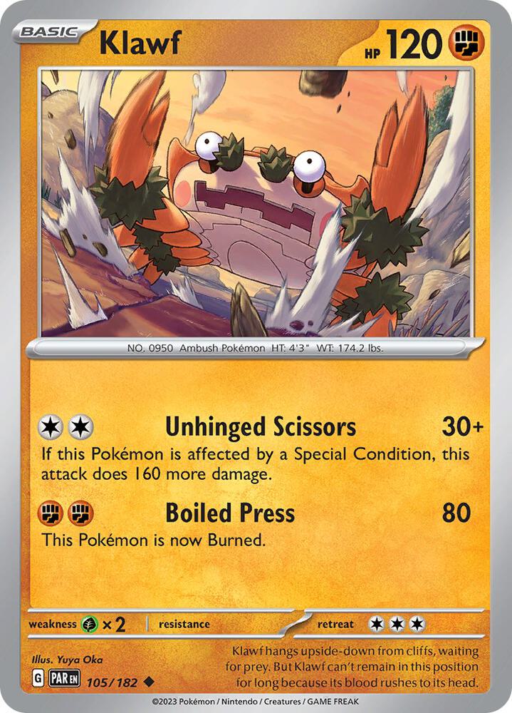 Klawf 105/182 Reverse Holofoil, Paradox Rift Pokémon card
