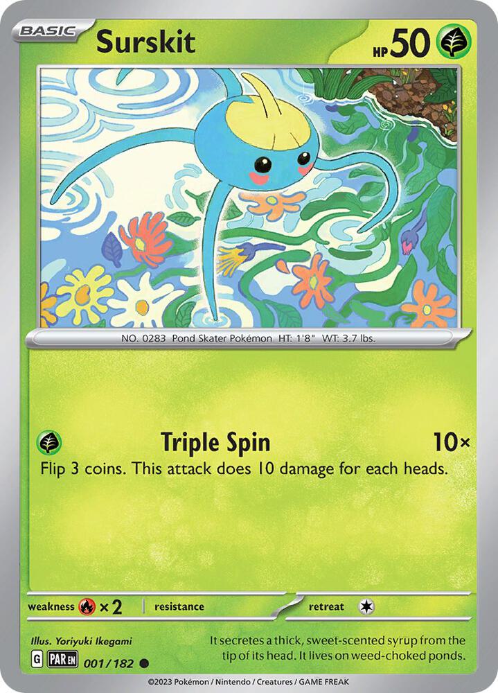Surskit 001/182 Reverse Holofoil, Paradox Rift Pokémon card