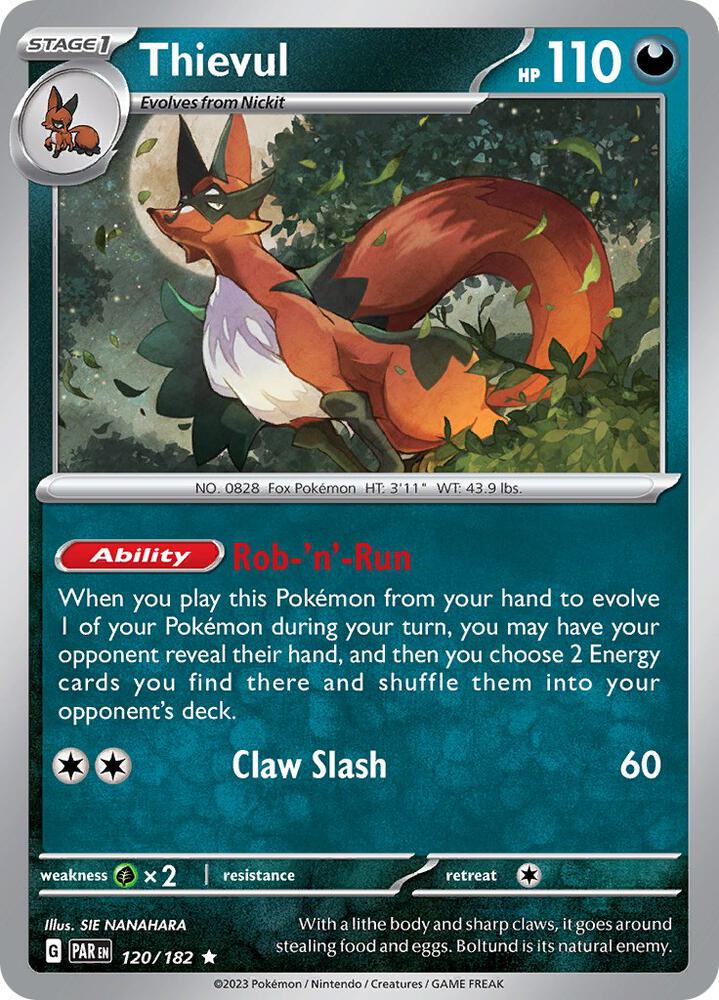 Thievul 120/182 Holofoil, Paradox Rift Pokémon card