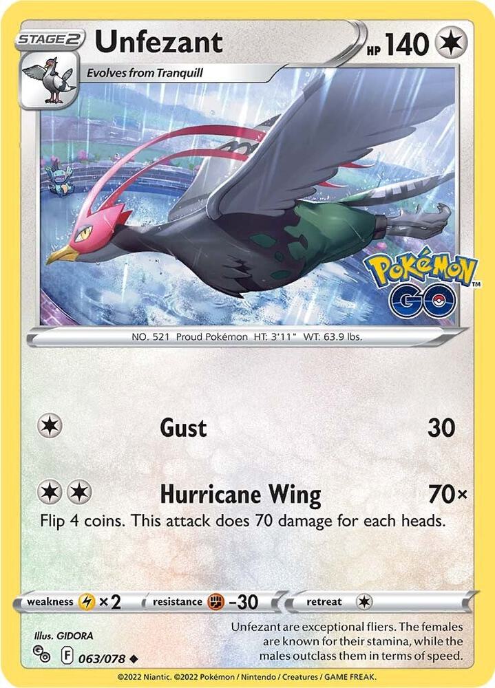 Unfezant 063/078 Reverse Holofoil — Pokémon GO Pokémon card