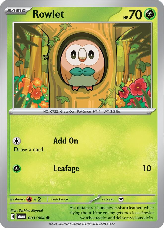 Rowlet 003/064 Reverse Holofoil, Shrouded Fable Pokémon card