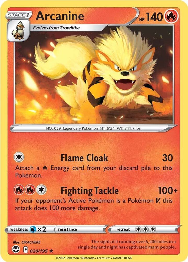 Arcanine 020/195 Reverse Holofoil — Silver Tempest Pokémon card