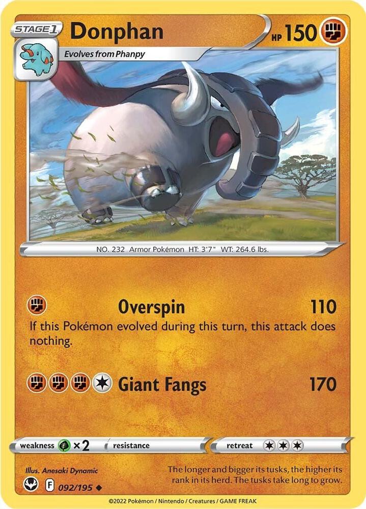 Donphan 092/195 Reverse Holofoil — Silver Tempest Pokémon card