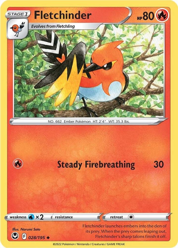 Fletchinder 028/195 Reverse Holofoil — Silver Tempest Pokémon card