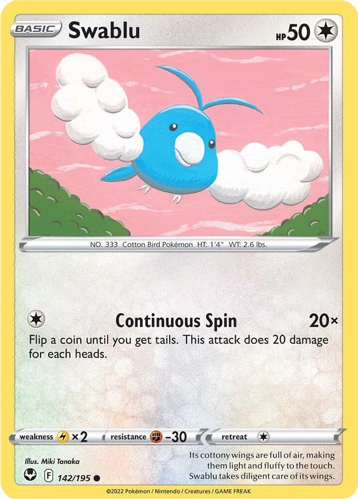 Swablu 142/195 Reverse Holofoil, Silver Tempest Pokémon card