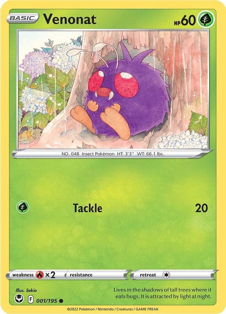 Venonat 001/195 Reverse Holofoil, Silver Tempest Pokémon card