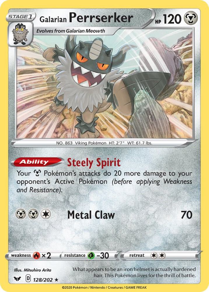 Galarian Perrserker 128/202 Reverse Holofoil — Sword & Shield Pokémon card