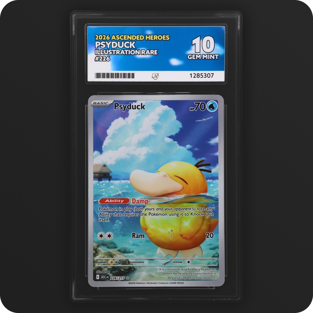 Psyduck 226/217 Ascended Heroes Ace Grading 10, front of the graded slab