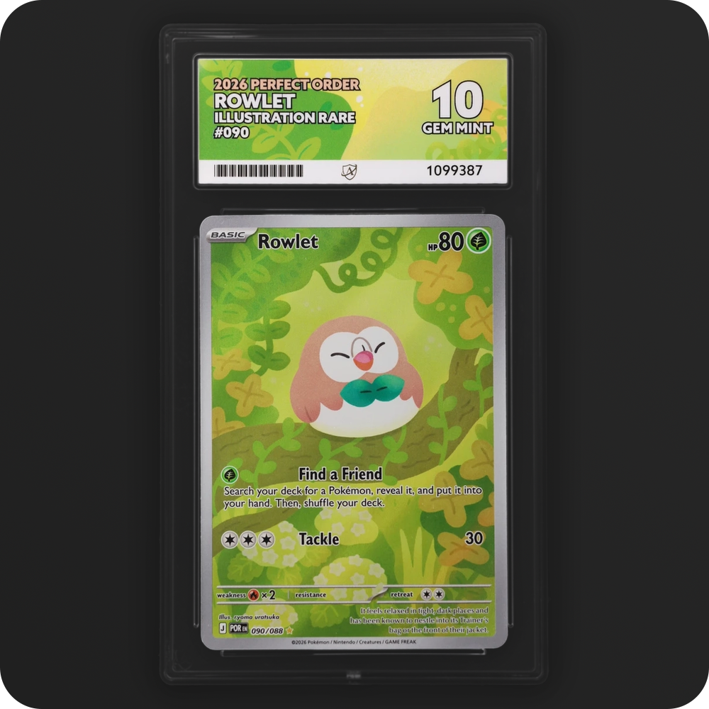 Rowlet 090/088 Perfect Order Ace Grading 10, front of the graded slab