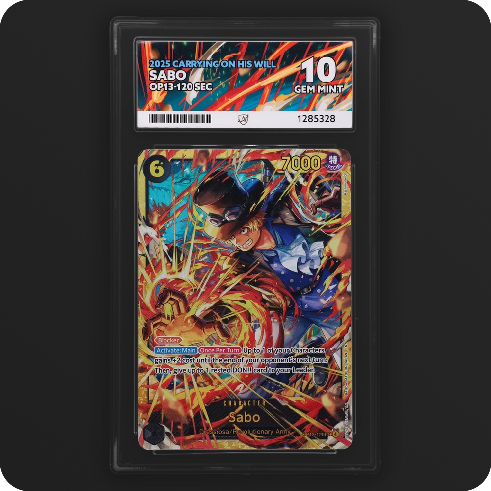 Sabo OP13-120 Carrying On His Will Ace Grading 10, front of the graded slab