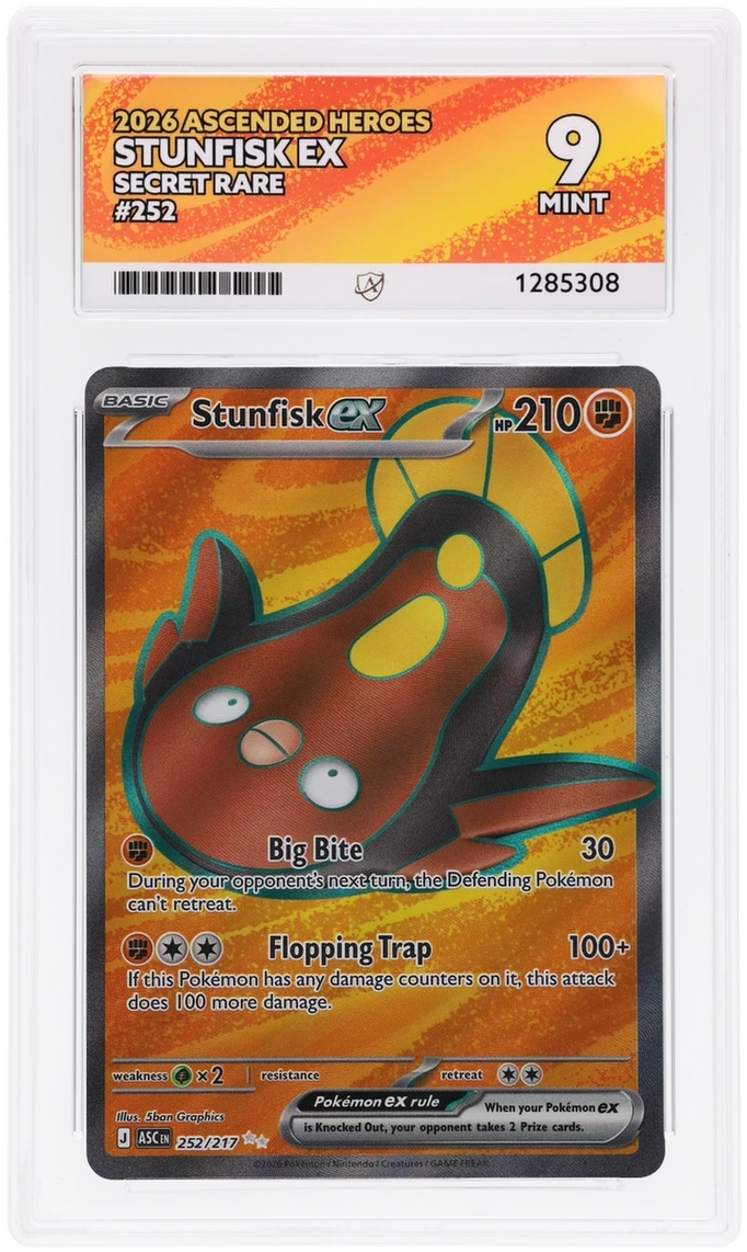 Stunfisk ex 252/217 Ascended Heroes Ace Grading 9, close-up front view of the certified slab